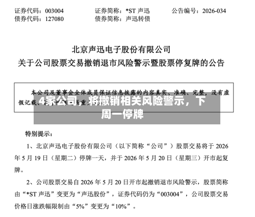 4家公司,将撤销相关风险警示,下周一停牌